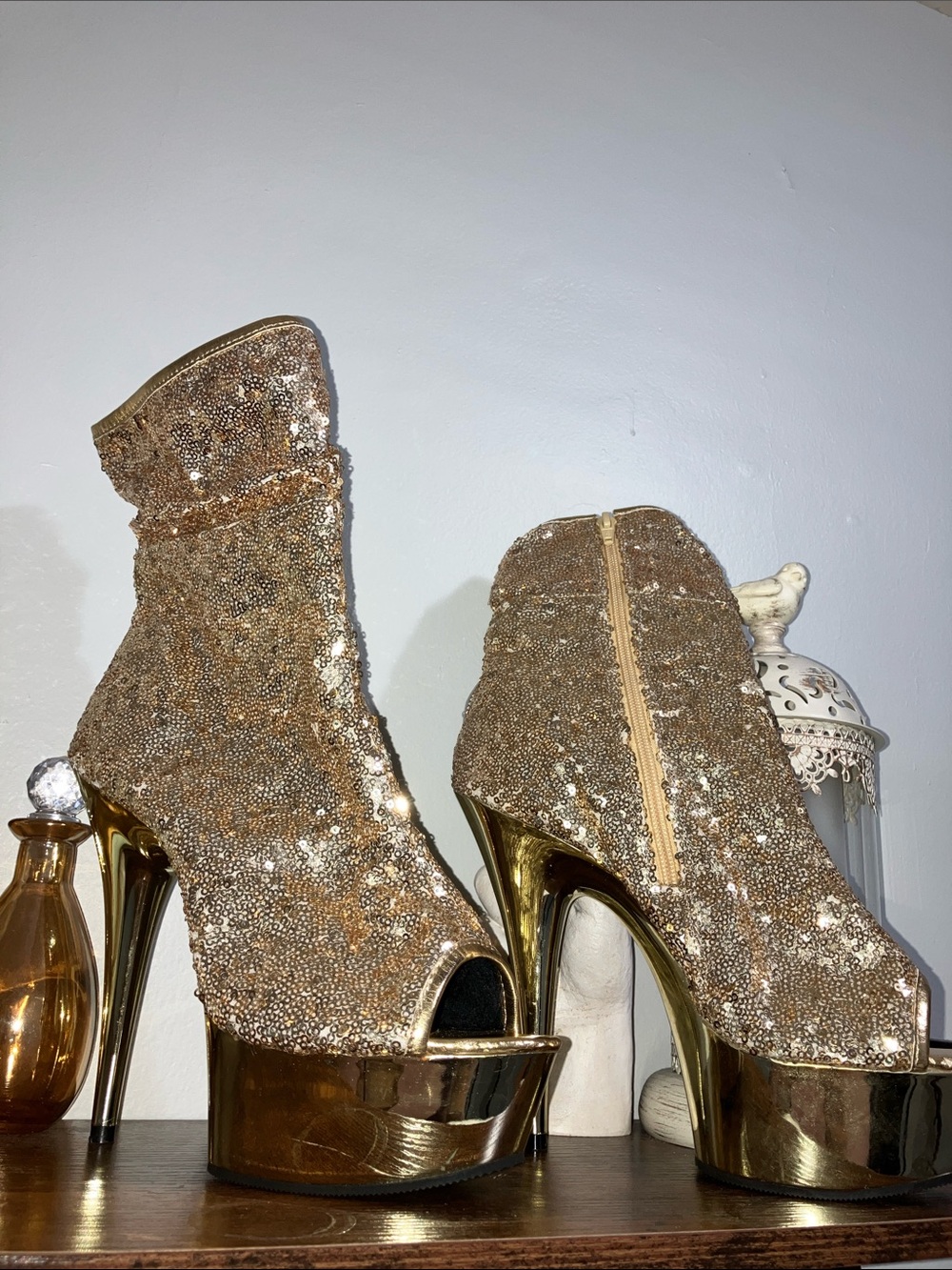 Pleaser Delight 1008SQ Gold Sequin Peep-Toe Platform Booties
